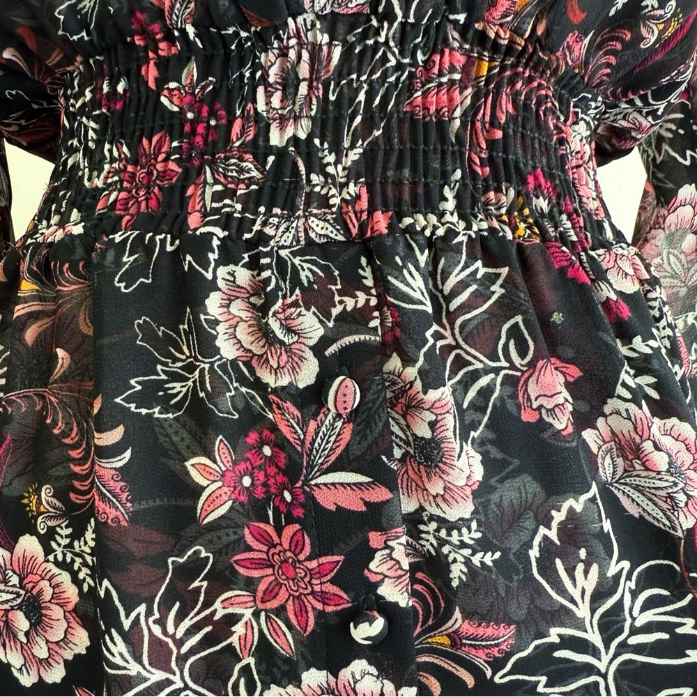 MISA MAYLI BLACK PINK WHITE FLORAL PRINT LONG SLEEVE COLLARED BUTTON UP DRESS - Picture 7 of 17